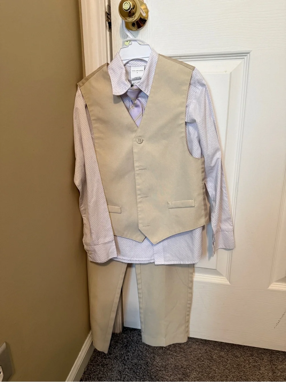 Boys size 7 Tan/lavender formal suit